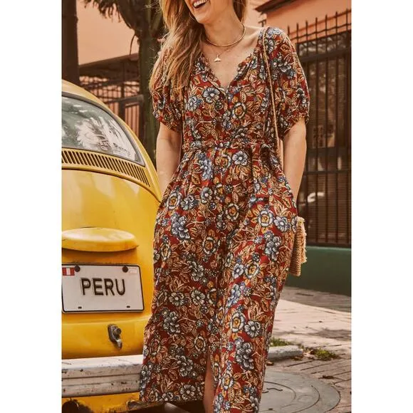 Faherty Carmel Linen Blend Belted Midi Dress Red Desert Bloom Flowy Classic XXL