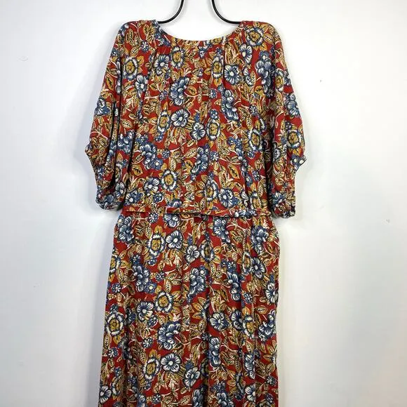 Faherty Carmel Linen Blend Belted Midi Dress Red Desert Bloom Flowy Classic XXL
