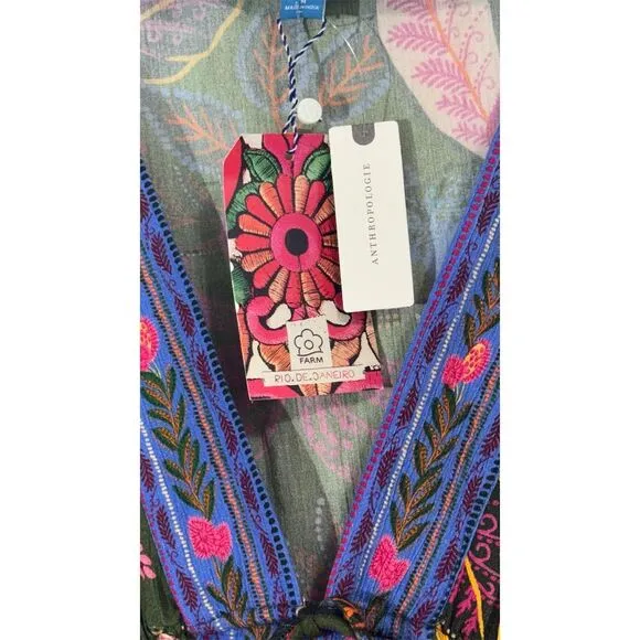 Farm Rio Anthropologie Boho Green Floral Embroidered Kaftan Maxi Dress M NWT