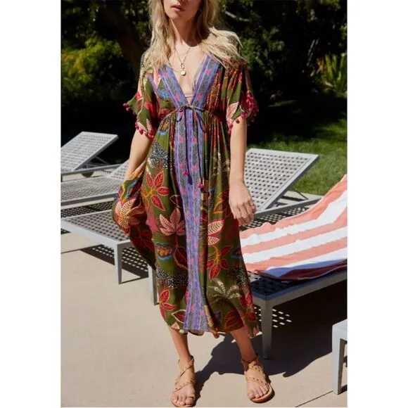 Farm Rio Anthropologie Boho Green Floral Embroidered Kaftan Maxi Dress M NWT