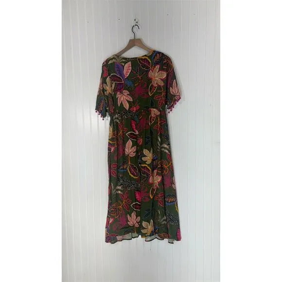 Farm Rio Anthropologie Boho Green Floral Embroidered Kaftan Maxi Dress M NWT