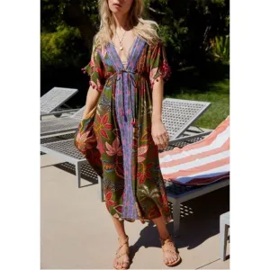 Farm Rio Anthropologie Boho Green Floral Embroidered Kaftan Maxi Dress M NWT