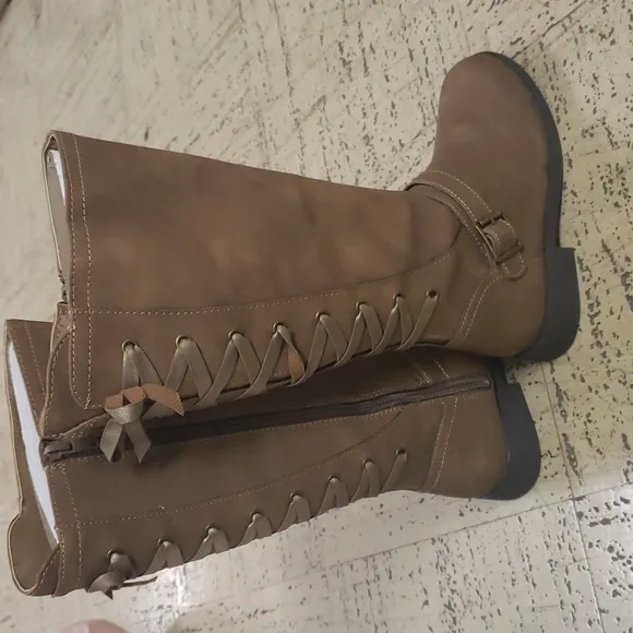 Faux leather BROWN riding boots lace up zip 13 1 cy