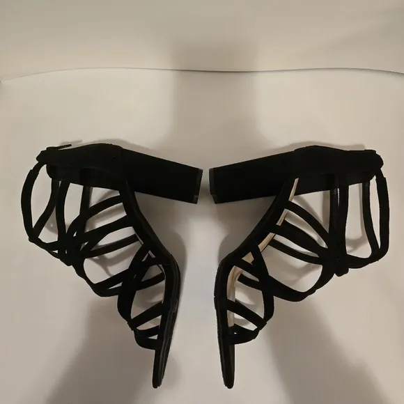 FERGIE FOOTWEAR Black Suede Strappy Block Heel Sandals Formal Heels Size 9M