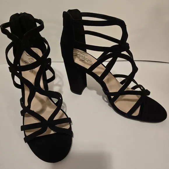 FERGIE FOOTWEAR Black Suede Strappy Block Heel Sandals Formal Heels Size 9M