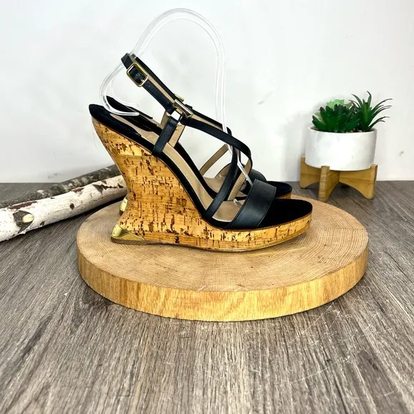 *Ferragamo | Cork Wedge Strappy Sandals in Black Leather Size 8.5C