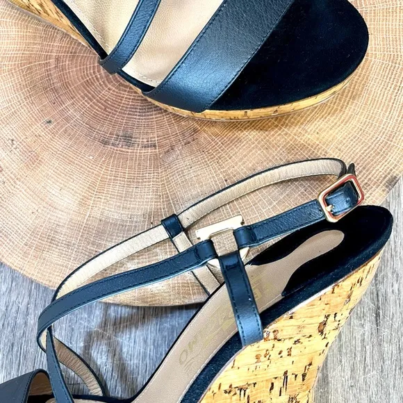 *Ferragamo | Cork Wedge Strappy Sandals in Black Leather Size 8.5C