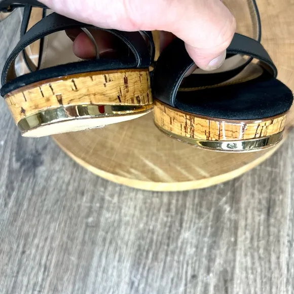 *Ferragamo | Cork Wedge Strappy Sandals in Black Leather Size 8.5C