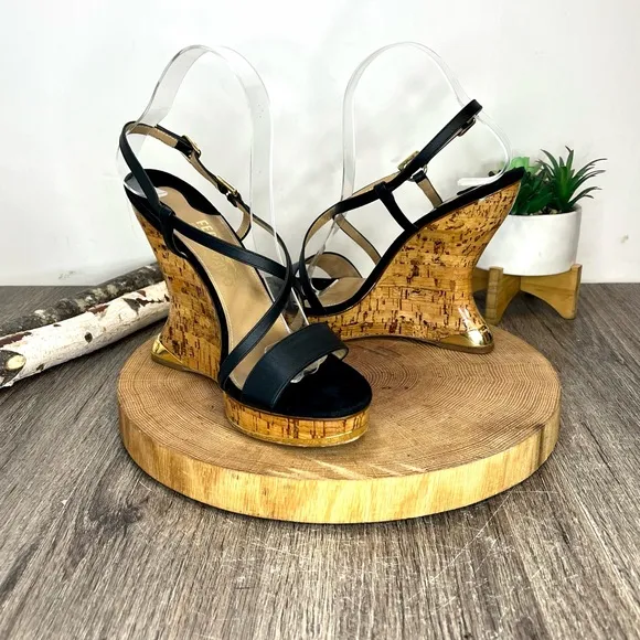 *Ferragamo | Cork Wedge Strappy Sandals in Black Leather Size 8.5C