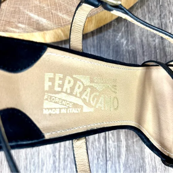 *Ferragamo | Cork Wedge Strappy Sandals in Black Leather Size 8.5C
