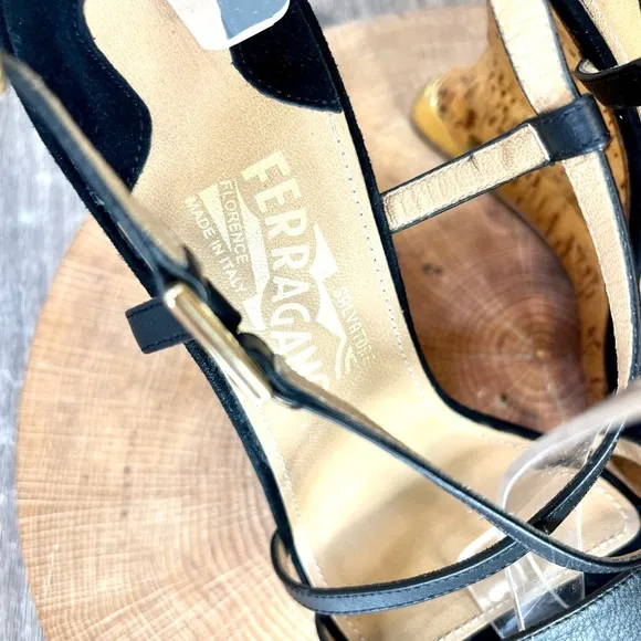 *Ferragamo | Cork Wedge Strappy Sandals in Black Leather Size 8.5C