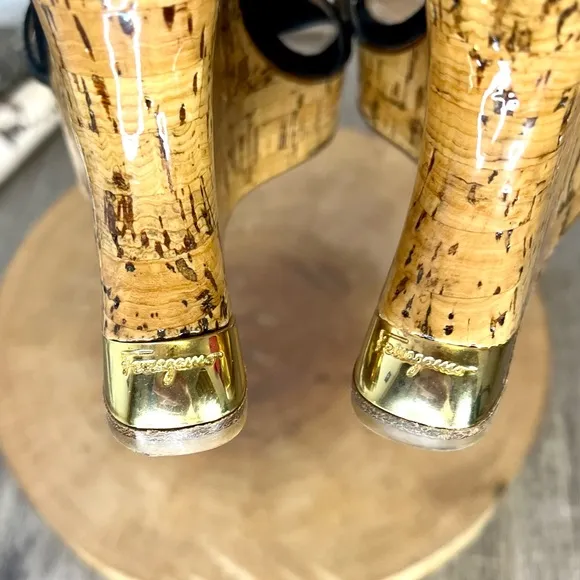 *Ferragamo | Cork Wedge Strappy Sandals in Black Leather Size 8.5C