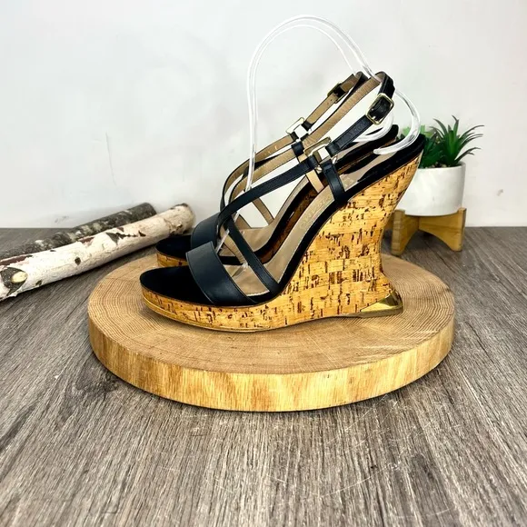 *Ferragamo | Cork Wedge Strappy Sandals in Black Leather Size 8.5C