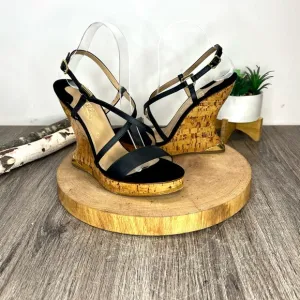 *Ferragamo | Cork Wedge Strappy Sandals in Black Leather Size 8.5C