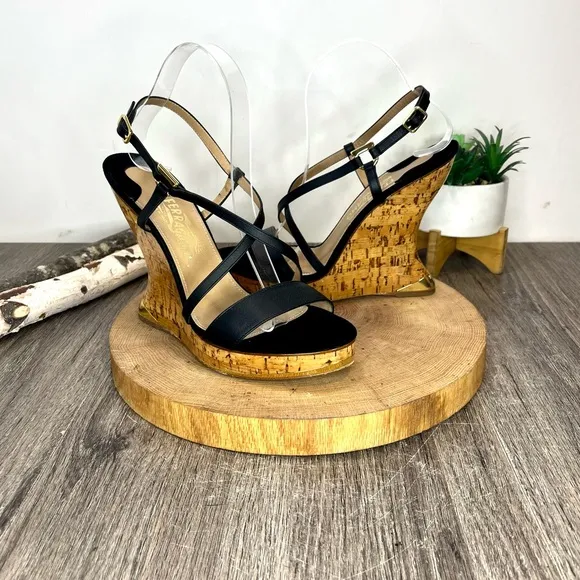 *Ferragamo | Cork Wedge Strappy Sandals in Black Leather Size 8.5C