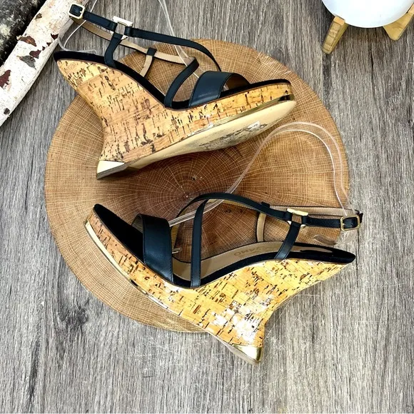 *Ferragamo | Cork Wedge Strappy Sandals in Black Leather Size 8.5C