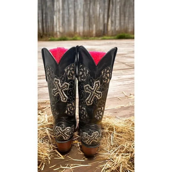 Ferrini Black Leather Cross &amp;Glitter Flowers Western Bling Cowboy Rodeo Boot 6.5