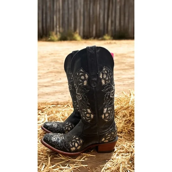 Ferrini Black Leather Cross &amp;Glitter Flowers Western Bling Cowboy Rodeo Boot 6.5