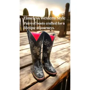 Ferrini Black Leather Cross &amp;Glitter Flowers Western Bling Cowboy Rodeo Boot 6.5