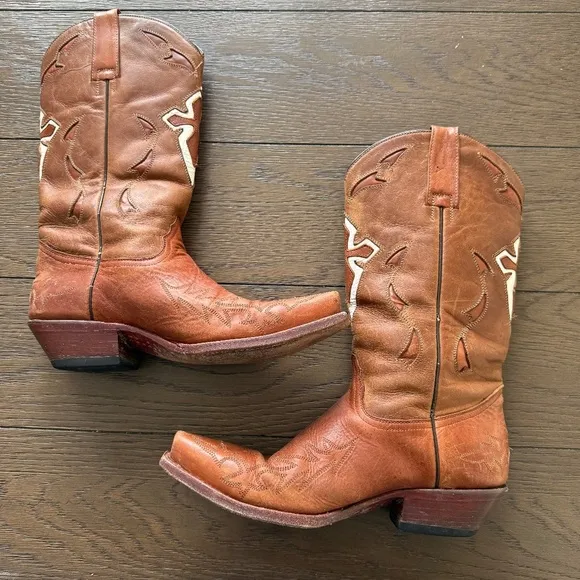 FERRINI WOMEN'S Cowgirl Boots Criss embroidered Cross Inlay pointed Toe 7.5 2088