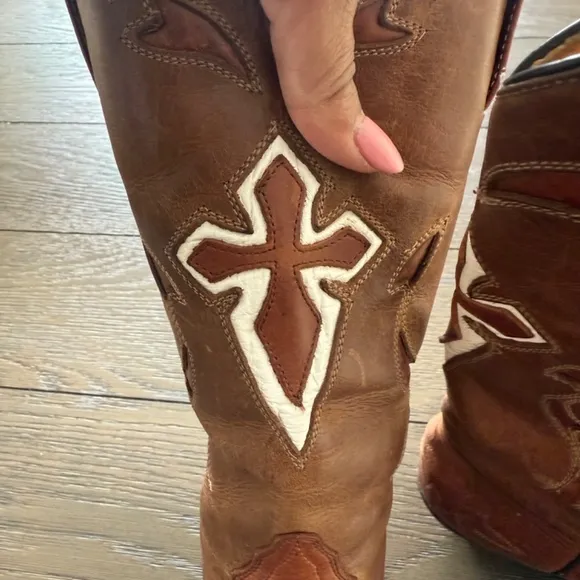 FERRINI WOMEN'S Cowgirl Boots Criss embroidered Cross Inlay pointed Toe 7.5 2088