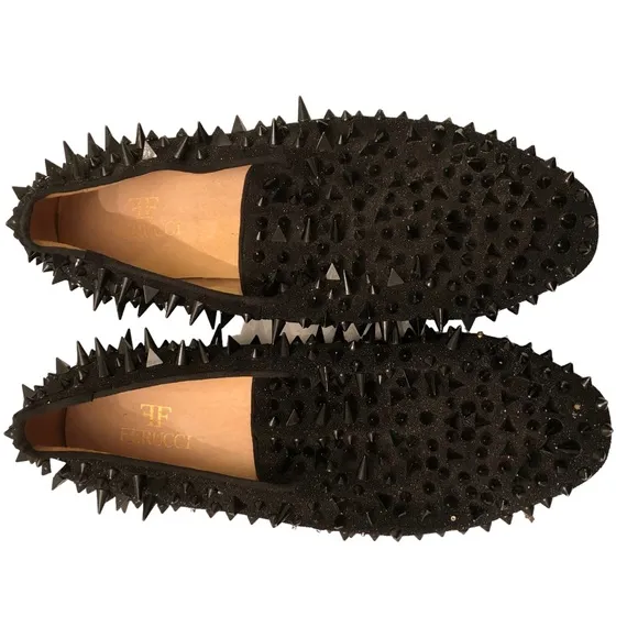 FERUCCI Black Spikes Slippers Loafers Flat With Black Crystal GZ Rhinestone