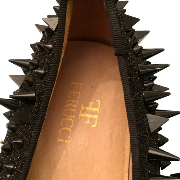 FERUCCI Black Spikes Slippers Loafers Flat With Black Crystal GZ Rhinestone