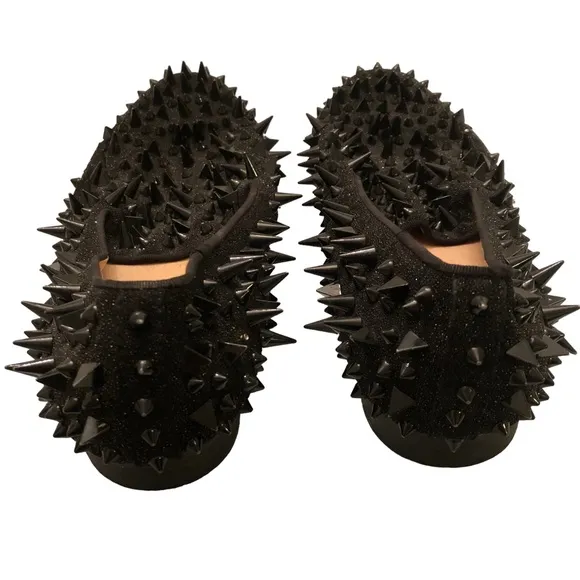 FERUCCI Black Spikes Slippers Loafers Flat With Black Crystal GZ Rhinestone
