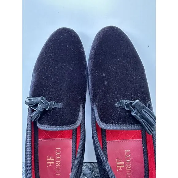 FERUCCI Men Plain Black Velvet Slippers loafers with Tassel wedding prom Size 9