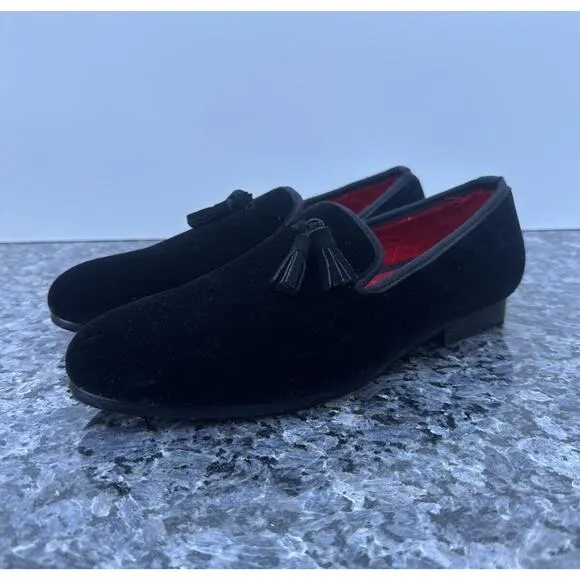 FERUCCI Men Plain Black Velvet Slippers loafers with Tassel wedding prom Size 9
