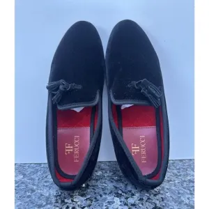 FERUCCI Men Plain Black Velvet Slippers loafers with Tassel wedding prom Size 9