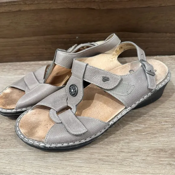 Finn Comfort ADANA Gray Leather Open Toe Wedge Heel Sandals size UK 4.5 US 7
