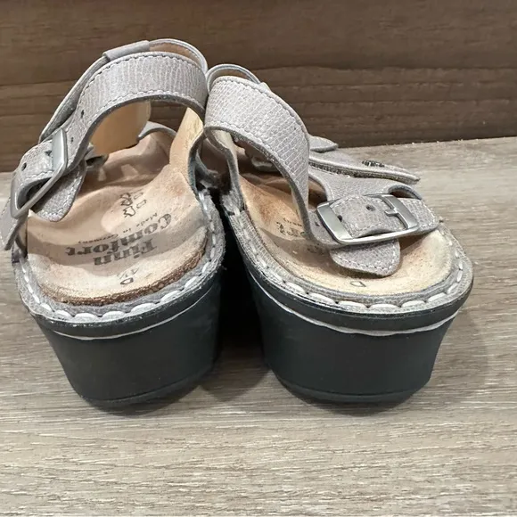 Finn Comfort ADANA Gray Leather Open Toe Wedge Heel Sandals size UK 4.5 US 7