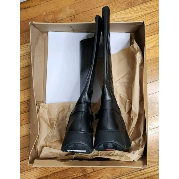Fitflop Size 9 F-MODE Folded-Knot Flatform Tall Stretch Black Boots NIB