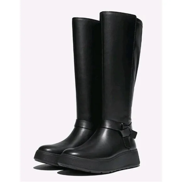Fitflop Size 9 F-MODE Folded-Knot Flatform Tall Stretch Black Boots NIB