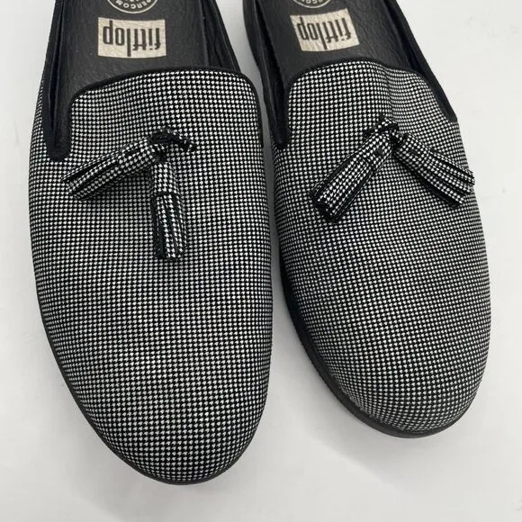 Fitflop Superskate Women's 7.5 Mule Black White Houndstooth Slip On Loafers