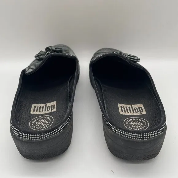 Fitflop Superskate Women's 7.5 Mule Black White Houndstooth Slip On Loafers