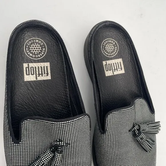 Fitflop Superskate Women's 7.5 Mule Black White Houndstooth Slip On Loafers
