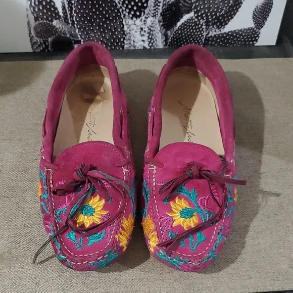 Floral Embroidered Pink Loafers Hot Pink Flats Fuscia Slip On Moccasins