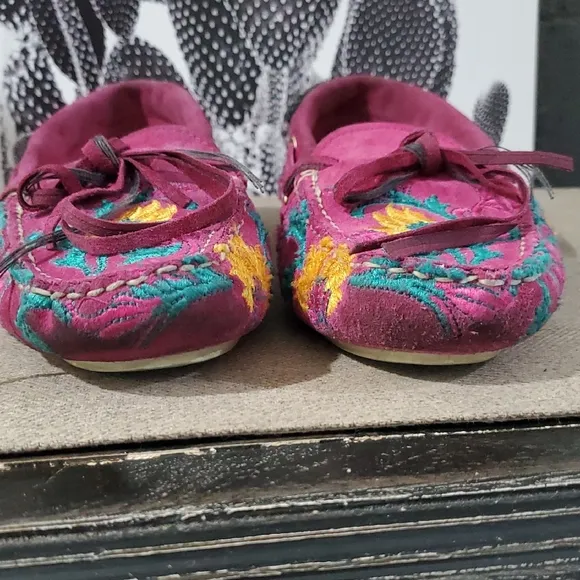 Floral Embroidered Pink Loafers Hot Pink Flats Fuscia Slip On Moccasins
