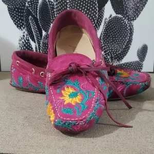 Floral Embroidered Pink Loafers Hot Pink Flats Fuscia Slip On Moccasins
