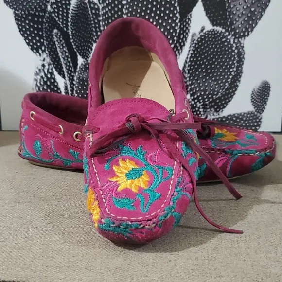 Floral Embroidered Pink Loafers Hot Pink Flats Fuscia Slip On Moccasins