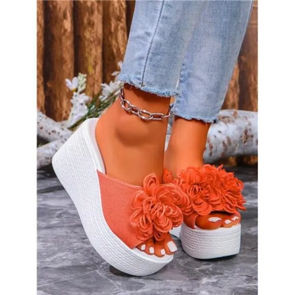 Floral Wedge Sandals With Decorative Flowers, Open Toe And Thick Platform Sole