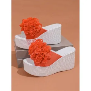 Floral Wedge Sandals With Decorative Flowers, Open Toe And Thick Platform Sole
