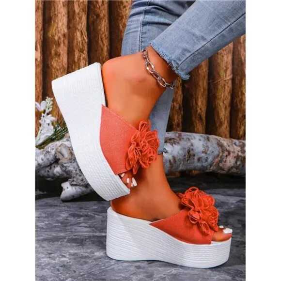 Floral Wedge Sandals With Decorative Flowers, Open Toe And Thick Platform Sole