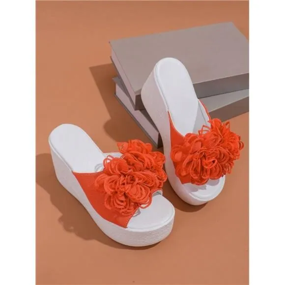 Floral Wedge Sandals With Decorative Flowers, Open Toe And Thick Platform Sole