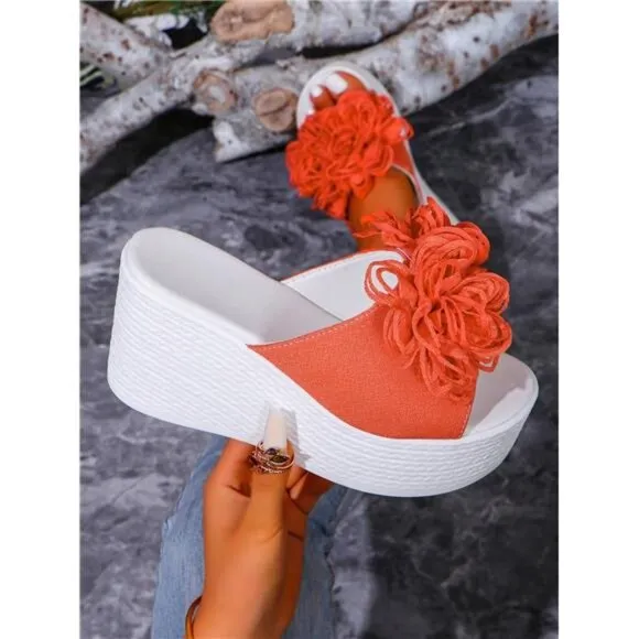 Floral Wedge Sandals With Decorative Flowers, Open Toe And Thick Platform Sole