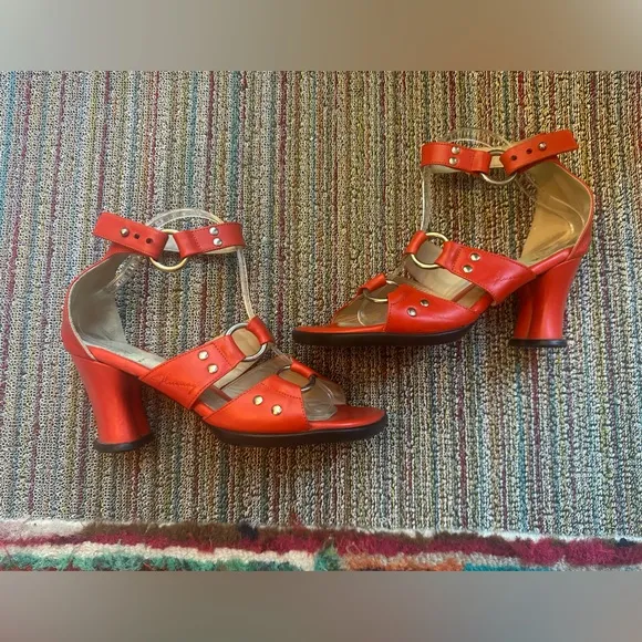 Fluevog EXCELLENT Hi Choice heart heel ankle strap sandals in persimmon/red -10