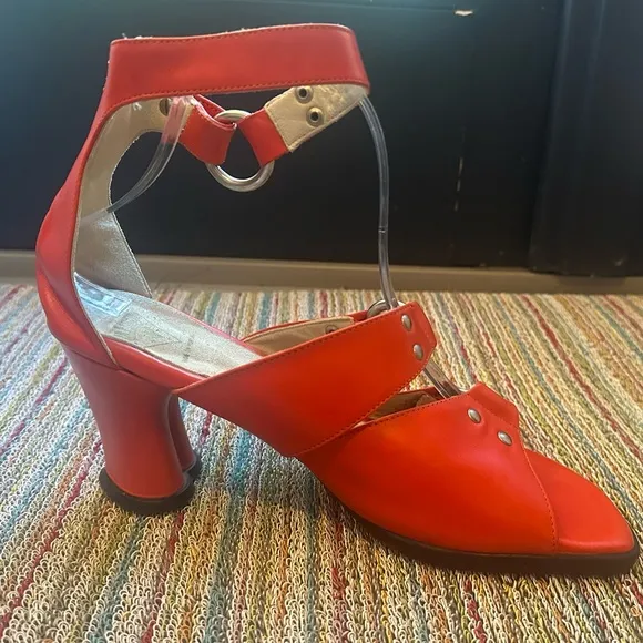 Fluevog EXCELLENT Hi Choice heart heel ankle strap sandals in persimmon/red -10