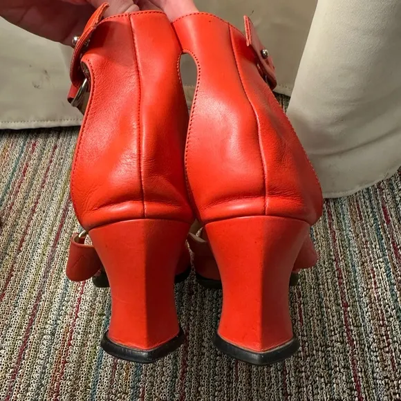 Fluevog EXCELLENT Hi Choice heart heel ankle strap sandals in persimmon/red -10